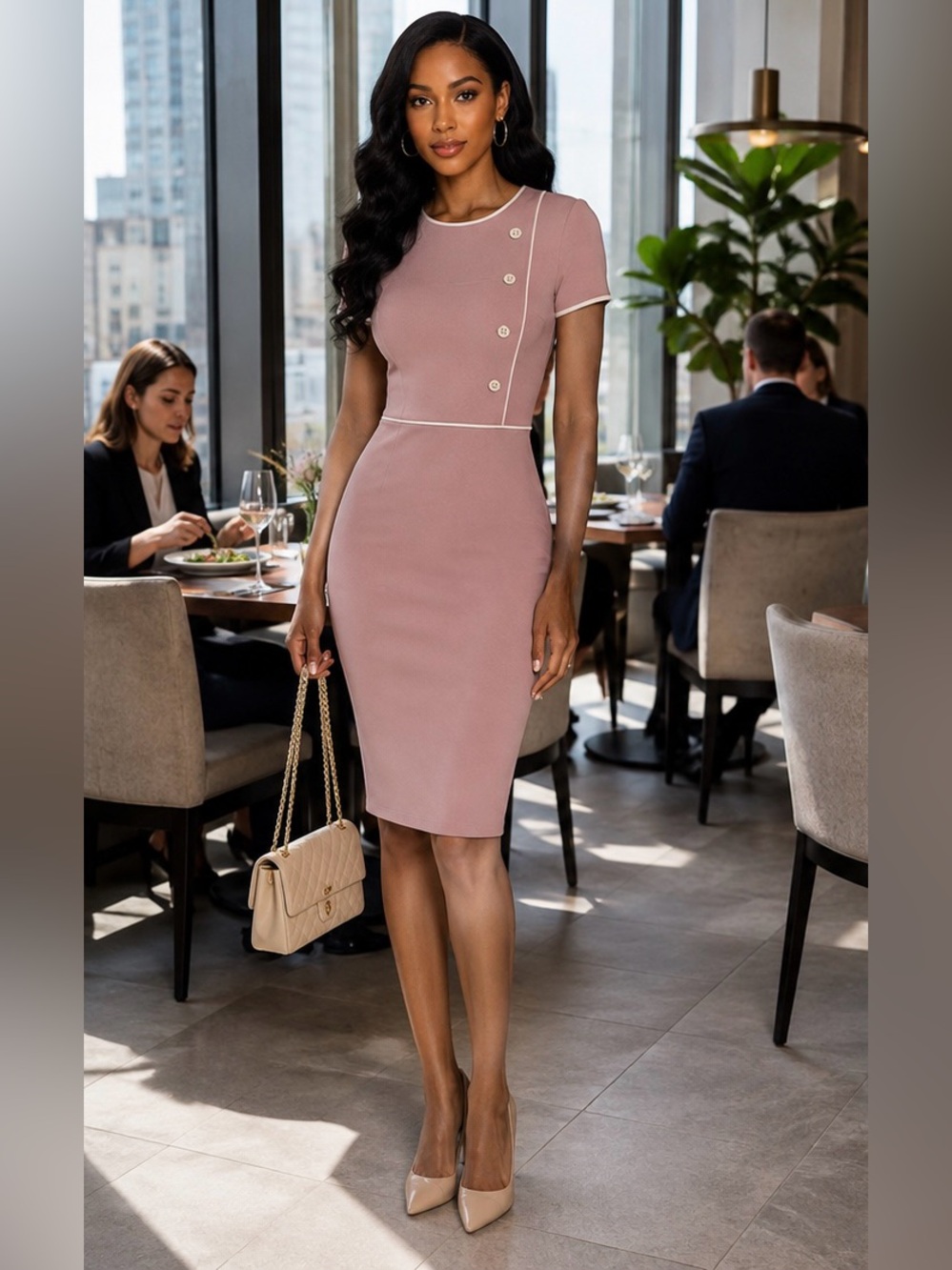 Enfocus Studio Dusty Rose Midi Sheath Dress with White Trim